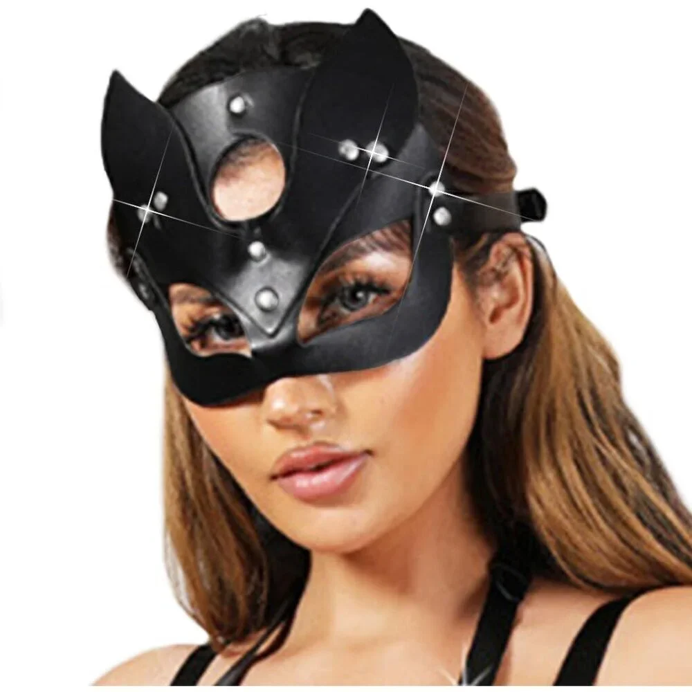 Leather Cat Mask Black Halloween Masquerade Cosplay Accessory for Women